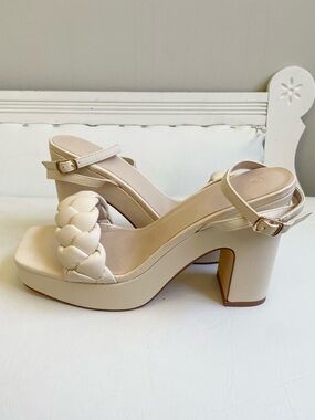 NUDE CREAM FAUX LEATHER PLATFORM CHUNKY HEEL ANKLE STRAP SHOES BRAIDED
